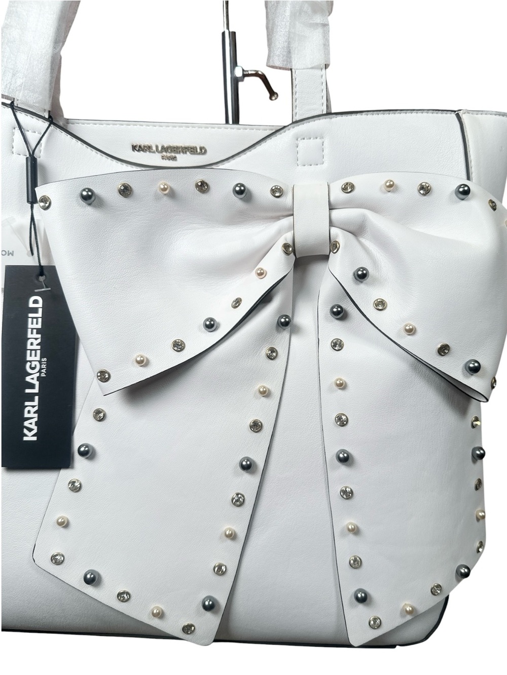 Karl Lagerfeld Paris Canelle White Studded Bow Tote NWT - Picture 7 of 17